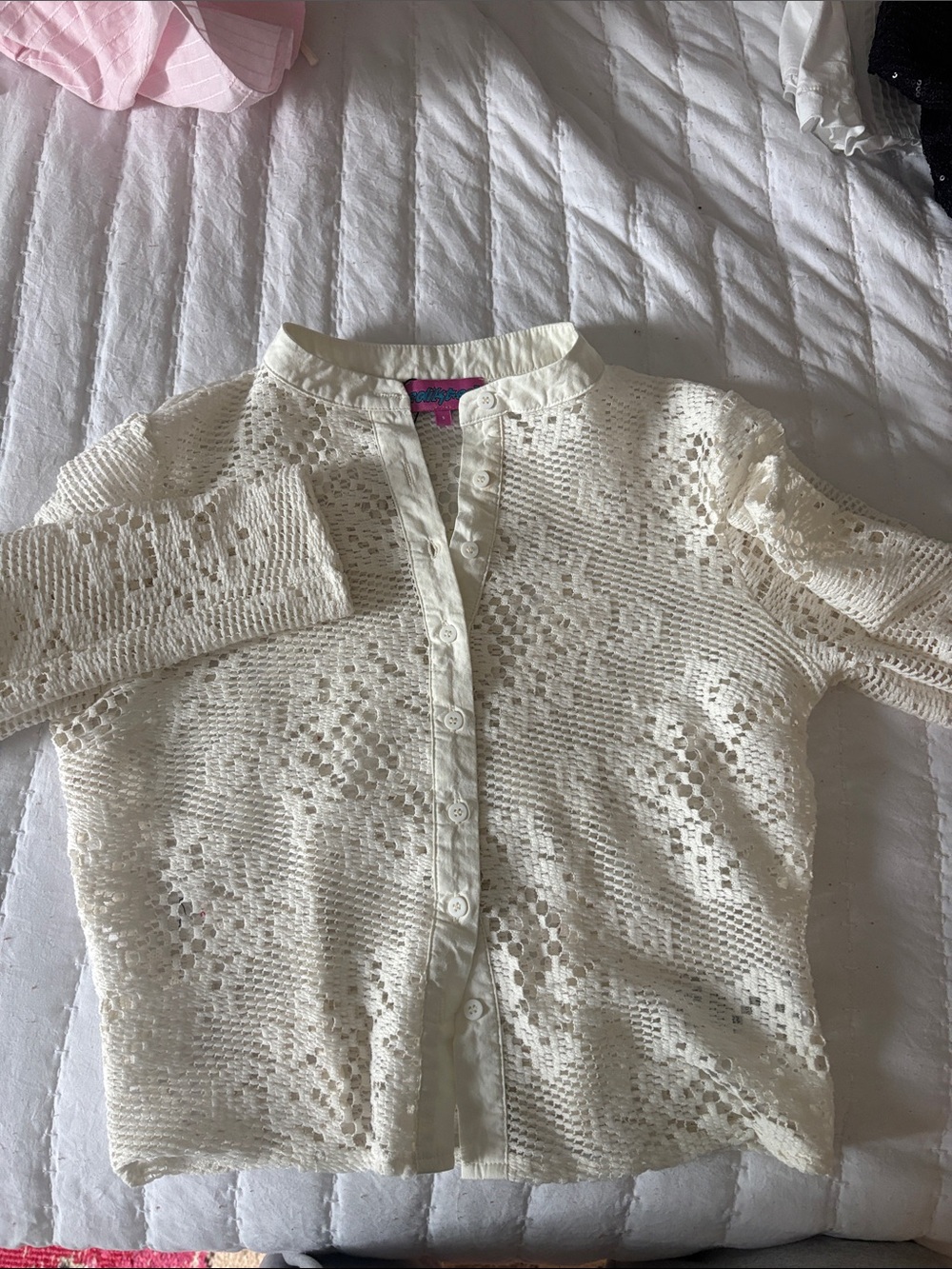 Edikted Cream Crochet Button-Front Cardigan